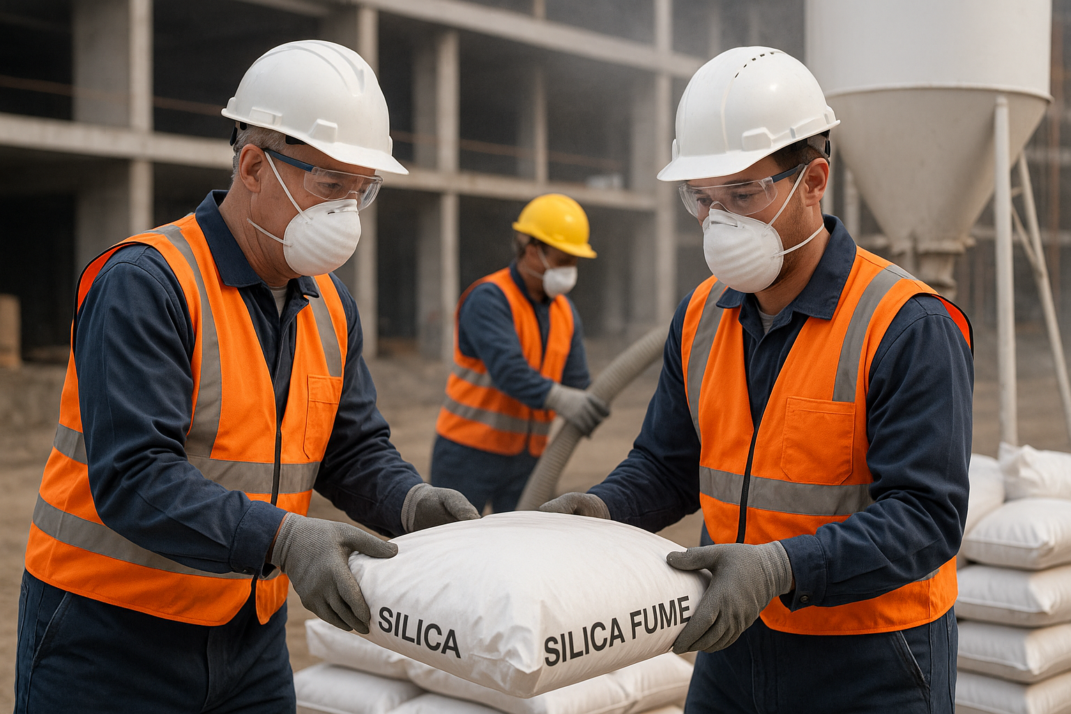workers safely handling micro silica fume